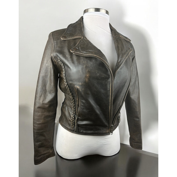Unik Distressed Brown Leather Braided Moto Motorcycle Jacket Cross Zip Size XS - Picture 16 of 16
